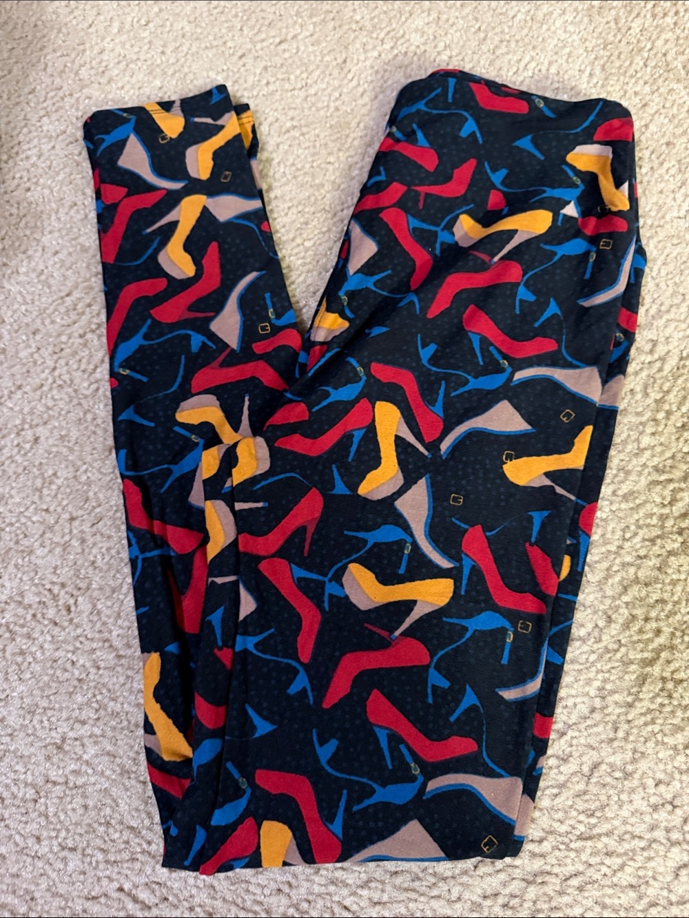 LuLaRoe Black Leggings with Red, Blue, & Yellow High-Heel Print - OS